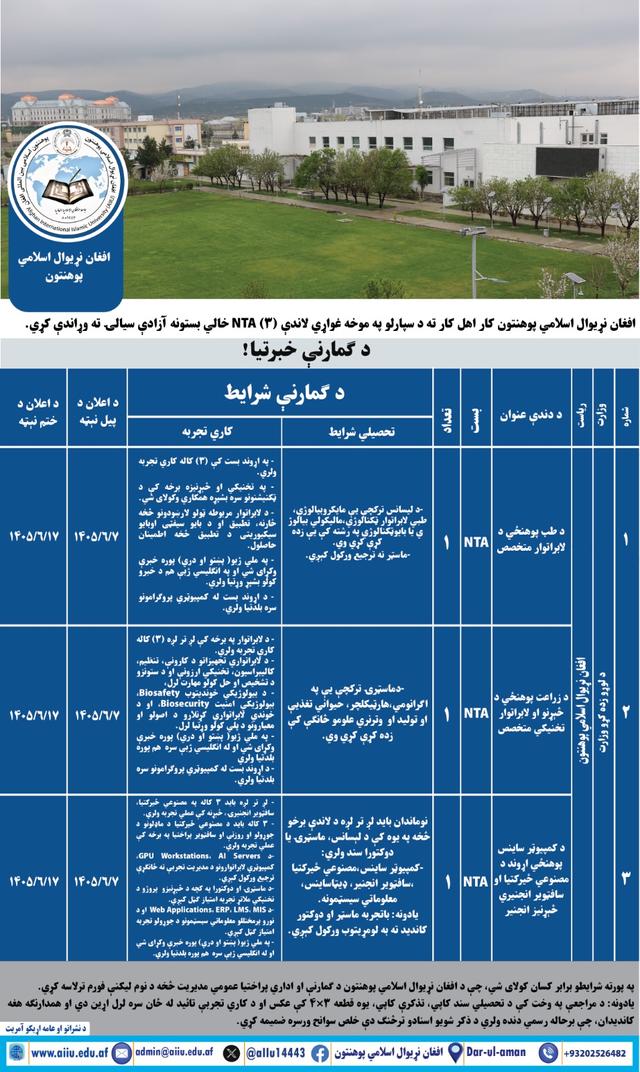 افغان نړیوال اسلامي پوهنتون کار اهل کار ته د سپارلو په موخه غواړي پورته (۳) NTA خالي بستونه آزادې سیالۍ ته وړاندې کړي.